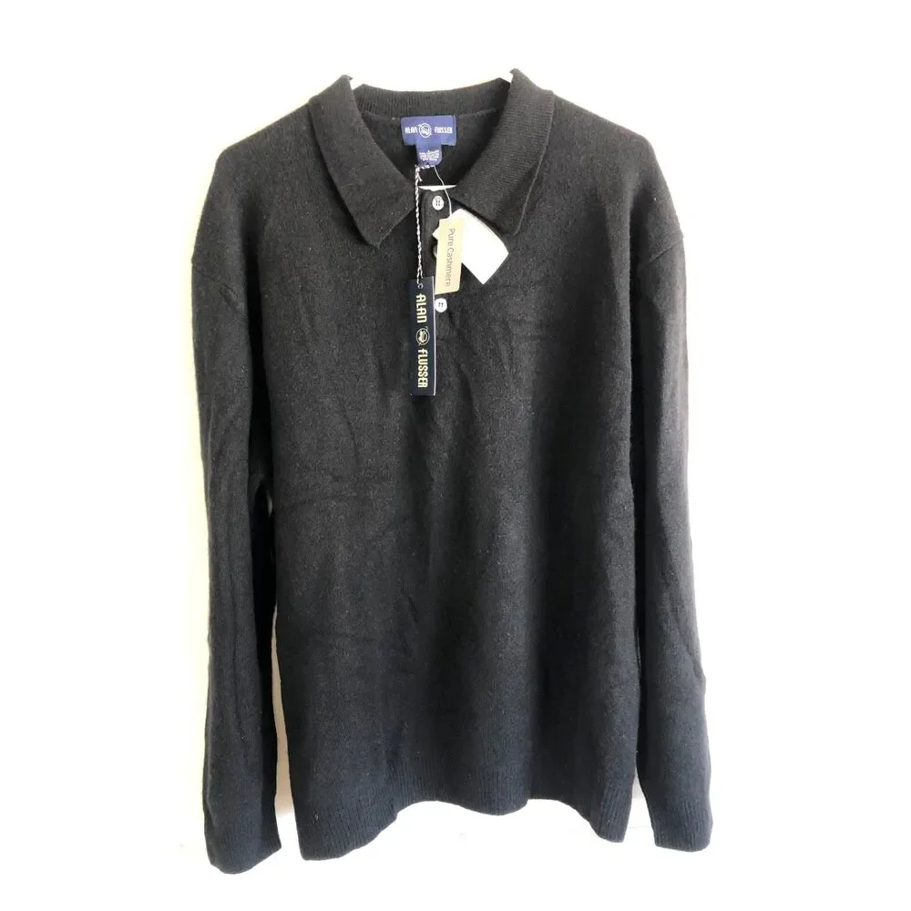 Vtg Y2K NWT Alan Flusser 100% Pure Cashmere Long Sleeve Polo Sweater Black Men M